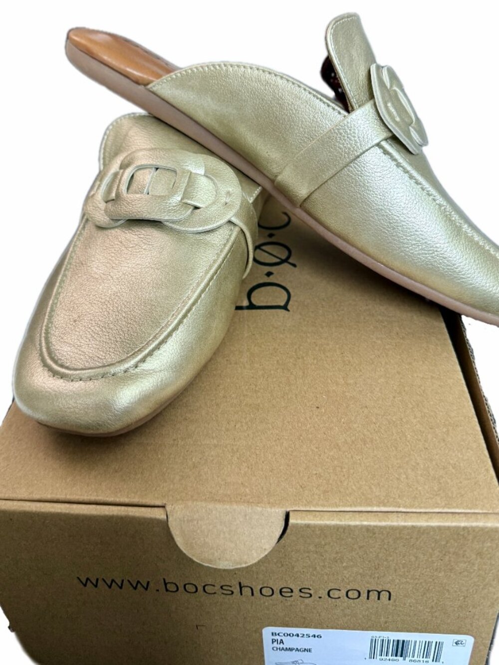 BOC b.o.c. by Born Pia Champagne Metallic Square Toe Mule Loafers Sz 8M